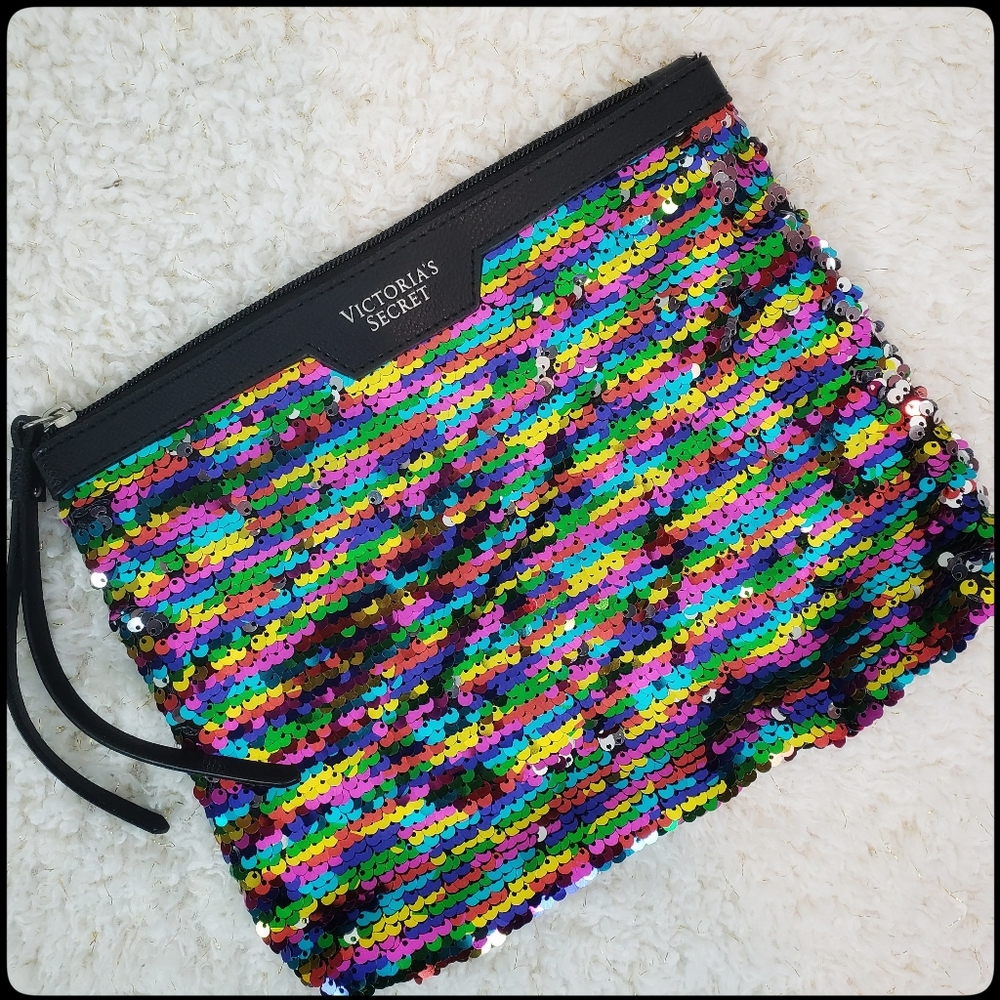 Victoria’s Secret VS Multicolor Sequin Cosmetic Travel Bag Clutch Purse Wristlet